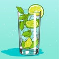 Mojito in a glass. Alcohol or non-alcoholic cocktail. Classic cocktail with lime, mint and ice. Vector
