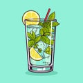 Mojito in a glass. Alcohol or non-alcoholic cocktail. Classic cocktail with lime, mint and ice. Vector