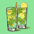 Mojito in a glass. Alcohol or non-alcoholic cocktail. Classic cocktail with lime, mint and ice. Vector Royalty Free Stock Photo