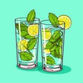 Mojito in a glass. Alcohol or non-alcoholic cocktail. Classic cocktail with lime, mint and ice. Vector