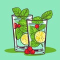 Mojito in a glass. Alcohol or non-alcoholic cocktail. Classic cocktail with lime, mint and ice. Vector Royalty Free Stock Photo