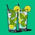 Mojito in a glass. Alcohol or non-alcoholic cocktail. Classic cocktail with lime, mint and ice. Vector Royalty Free Stock Photo