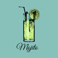 Mojito glass isolated.Vector illustration of alcoholic drink.Hand drawn sketch of cocktail with slice of lime and straw. Royalty Free Stock Photo