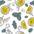 Mojito hand draw seamless pattern. Glass of lemonade, ice cubes, mint leaves, lime slice and whole lime. Royalty Free Stock Photo