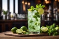 Mojito iced cocktail with lime and mint. Summer refreshing Mojito beverage, drink with ice on a bar counter, generative AI Royalty Free Stock Photo