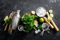 Mojito ingredients and bar utensils for refreshing summer alcoholic cocktail with ice, fresh mint and lime Royalty Free Stock Photo