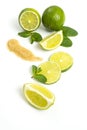 Mojito ingredients. Lime, mint and cane sugar isolated on white background Royalty Free Stock Photo