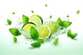 Mojito Ingredients. Lime slices, mint leaves and water splashes on white background. AI generative Royalty Free Stock Photo