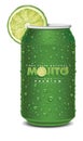 Mojito juice can with many juice drops, lime slice