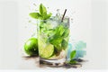 Mojito with lime and mint in crystal glass drawing with bit of watercolour