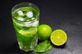Mojito, lime and mint on a dark background. A refreshing cocktail in close-up Royalty Free Stock Photo