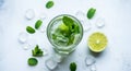 Mojito with Lime and Mint on White Background with Ice Cubes, Refreshing Drink Royalty Free Stock Photo