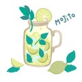 Mojito in mason jar. Summer cocktail. Vector cartoon illustration