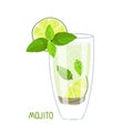 Mojito. Mixed drink. Bright cocktail in glass. Classic Mojito cocktail. Exotic tropical beach bar. Flat cartoon vector Royalty Free Stock Photo