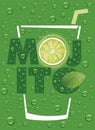 Mojito name with lime slice, mint leaf and many water drops Royalty Free Stock Photo