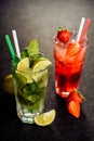 Mojito Strawberry Lemon Two Cocktail Glass Set Royalty Free Stock Photo