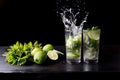 Mojito traditional beach refreshing cocktail alcohol drink in glass with splash, bar preparation soda water, lime, mint