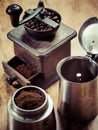 Moka express coffee maker and grinder Royalty Free Stock Photo