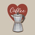 Moka pot coffee brew vector illustration with love coffee lettering Royalty Free Stock Photo