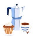 Moka Pot Coffee and Cupcake Vector Illustration in Blue beige palette