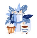 Moka Pot Coffee and Cupcake Vector Illustration in Blue Tones Tropical Theme