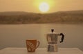 Moka pot coffee maker in nature outdoor Royalty Free Stock Photo