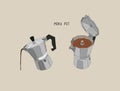 Moka pot machine , coffee brewing ,sketch vector. Royalty Free Stock Photo