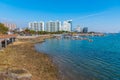 MOKPO, KOREA, NOVEMBER 6, 2019: People are strolling at seaside promenade in Mokpo with a dancing fountain, Republic of Korea