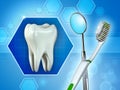 Molar tooth, mirror and toothbrush