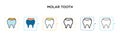 Molar tooth vector icon in 6 different modern styles. Black, two colored molar tooth icons designed in filled, outline, line and