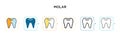 Molar vector icon in 6 different modern styles. Black, two colored molar icons designed in filled, outline, line and stroke style