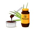 Molasses bottle. A product made from sugar cane. A bowl with a spoon and syrup on a white isolated background. Vector Royalty Free Stock Photo