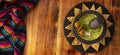 Molcajete Guacamole and Nachos panoramic table topview Royalty Free Stock Photo