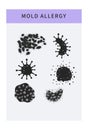 Mold allergy icons set with different fungus bacteria. Infographic concept.