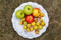 mold attacked peach and some apple on a plate top view. rotten fruits Royalty Free Stock Photo