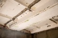 Mold growth and water stains on the ceiling of an abandoned house.