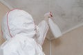 Mold removal. A man cleans mold from a wall using a sprayer and a sponge. Insect and mold removal company. Cleaning Specialist.