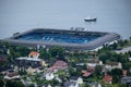 Beautiful scenery of Molde town and surroundings. Aker Stadium. Summer cloudy day