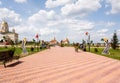 Moldova, Bender - May 18, 2019: Red paving slabs on the road in the Alexander Nevsky park