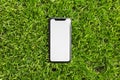 Moldova, Chisinau - 11.06.2020: Close-up of iPhone 11 with empty white mockup on outdoors background of green grass.