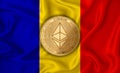 Moldova flag ethereum gold coin on flag background. The concept of blockchain bitcoin currency decentralization in the country