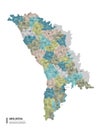 Moldova higt detailed map with subdivisions. Administrative map of Moldova with districts and cities name, colored by states and