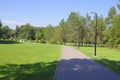 Moldova. Kishinev. City arboretum. View of the alleys and green trees and grass.