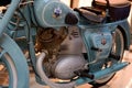 Moldova, Kishinev - May 22, 2019. Motorcycle engine and exhaust pipe closeup. Retro bike shiny classic metal details