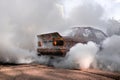 Moldova 25.09.2019. Sport modern Stance Car racing car drifting with smoke drift burnout, big colourful green blue clouds with