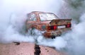 Moldova 25.09.2019. Sport modern Stance E30 BMW Car racing car drifting with smoke drift burnout, big clouds with