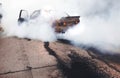 Moldova 25.09.2019. Sport modern Stance E30 BMW Car racing car drifting with smoke drift burnout, big clouds with Royalty Free Stock Photo