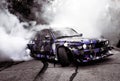 Moldova 25.09.2019. Sport modern Stance E30 BMW Car racing car drifting with smoke drift burnout, big clouds with