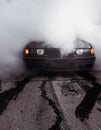 Moldova 25.09.2019. Sport modern Stance E36 BMW Car racing car drifting with smoke drift burnout, Huge clouds with Royalty Free Stock Photo