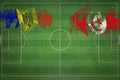 Moldova vs Tunisia Soccer Match, national colors, national flags, soccer field, football game, Copy space